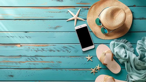 Flat lay style of beach accessories on seafoam blue rusty wooden background with left copy space,