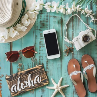 Flat lay style of Hawaiian beach accessories on seafoam green rusty wooden background, AI generated