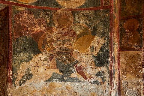 Detail of a mural in an old church depicting religious scenes, Agios Georgios on horseback,