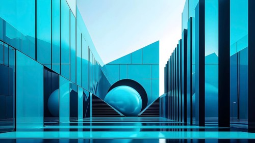 Cyan toned minimalist architecture in 3d render against surreal backdrop, AI generated