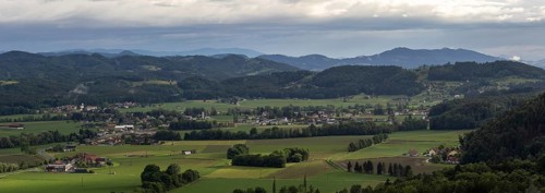 Farmland and hilly landscape, panoramic view, Heimschuh, Styria, Austria, Europe