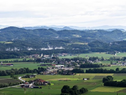 Fields in the village of Heimschuh, fog drifts over hilly landscape, Heimschuh, near Leibnitz,