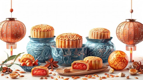 Blue vases with mooncakes and lanterns in an orange theme, representing traditional Chinese