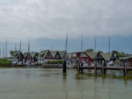 An idyllic harbour with houses along the water, where several boats and sailing ships are moored,