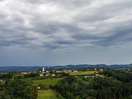 Thunderclouds over Frauenberg pilgrimage church, near Leibnitz, Styria, Austria, Europe