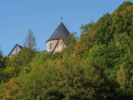 A medieval castle rises above green hills, partially hidden by trees, Waldeck, Hesse, Germany,