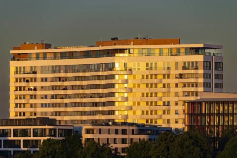 Residential complex at sunrise, luxury flats, Cologne, North Rhine-Westphalia, Germany, Europe