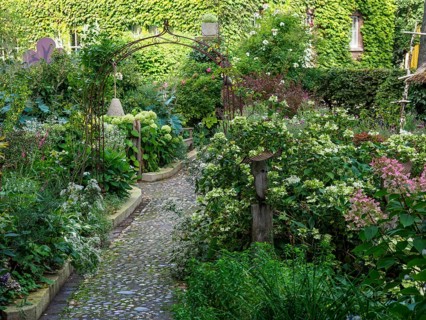 A narrow garden path leads through lush greenery and colourful flowers with an arbour of plants and