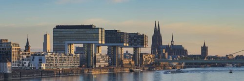 Panorama from the south bridge, Rheinau harbour with crane houses, cathedral and Severinsbrücke,