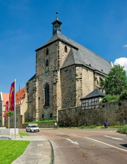 Westwork, late Gothic hall church of St Moritz, Moritzkirche, Halle an der Saale, Saxony-Anhalt,