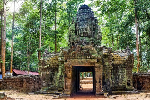 Ta Som, Tasaom, a small Buddhist temple in Angkor, Cambodia, Asia