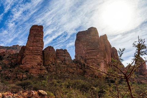 A view up from the bottom at the mountain where the climb starts to reach the Abuna Yemata Guh