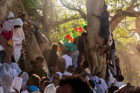 People gathering at Timkat festival at Fasilides Bath in Gondar, Ethiopia, Africa