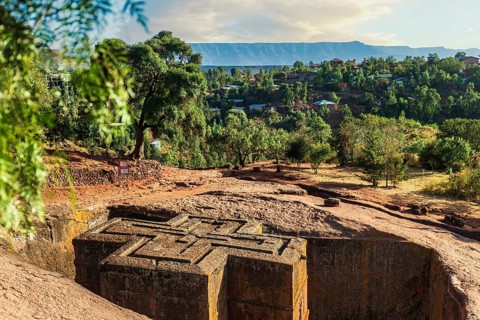 Church of Saint George or Bet Giyorgis in Amharic in the shape of a cross. The churches of Lalibela
