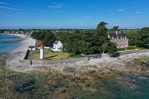 Aerial view Leucthturm Phare de Langoz, coast of Loctudy, department Finistere Penn ar Bed, region