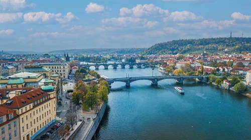 View onto the Vltva river and its bridges in an aerial view