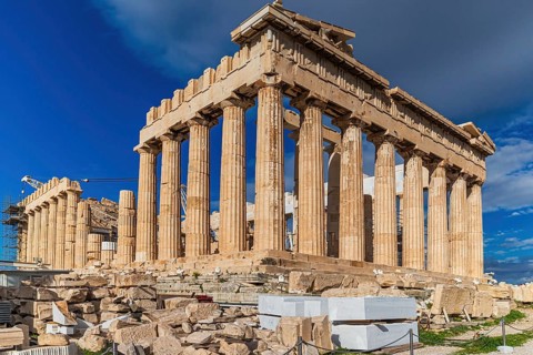 Parthenon temple with blue sky and no people