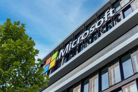 Microsoft logo at the company office building located in Munich, Germany, Europe
