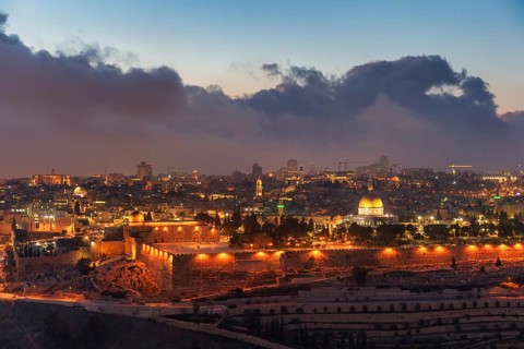 Temple Mount, Al-Aqsa Mosque and Dome of the Rock in Old City seen from Mount of Olives