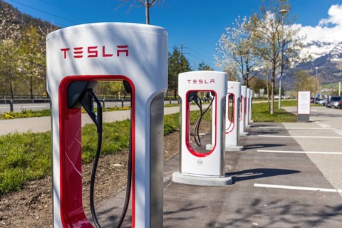 Tesla Superchargers on a parking lot