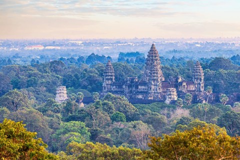 Aerial view of teh main temple complex Angkor Wat embedded in the jungle