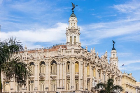 Inglaterra Hotel under blue sky in the Central Square or Parque Central in Havana