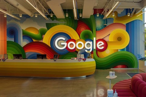 Colorful Google logo inside the offices of Google Headquarters in the USA