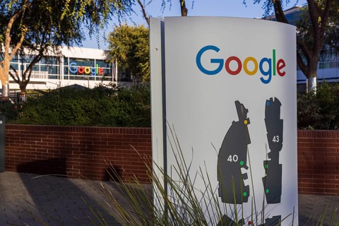 Exterior scene at the Googleplex, the corporate headquarters complex of Google and its parent