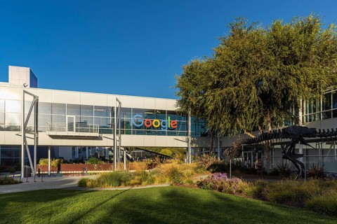 Exterior scene at the Googleplex, the corporate headquarters complex of Google and its parent