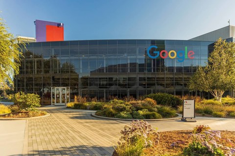 Exterior scene at the Googleplex, the corporate headquarters complex of Google and its parent