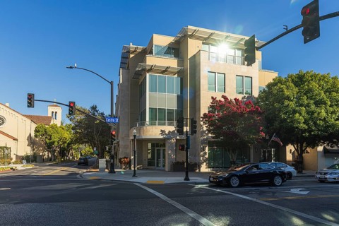 Castro Street in downtown Mountain View, California, USA. Evening sunshine