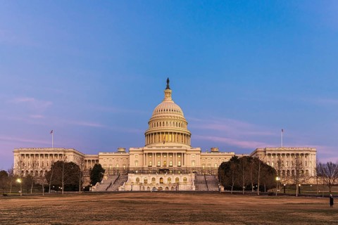 The United States Capitol building at dusk