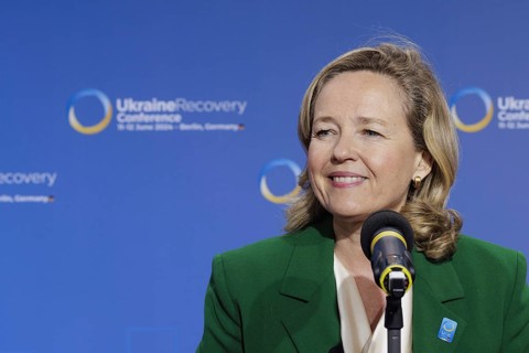 Nadia CalviâˆšÂ±o, European Investment Bank, at the Door step, Ukraine Recovery Conference URC in