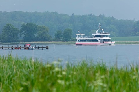 Jetty, excursion boat Nordlicht, Ellenberg, Kappeln, Schlei, Schleswig-Holstein, Germany, Europe