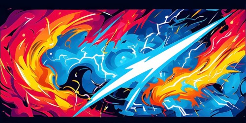 Abstract pop art comic illustration in vibrant colors with thunderbolt crackling across the canvas,