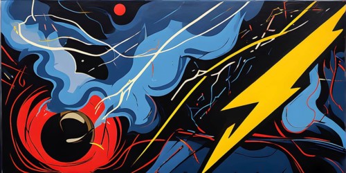 Abstract pop art comic illustration in vibrant colors with thunderbolt crackling across the canvas,