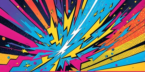 Abstract pop art comic illustration in vibrant colors with thunderbolt crackling across the canvas,