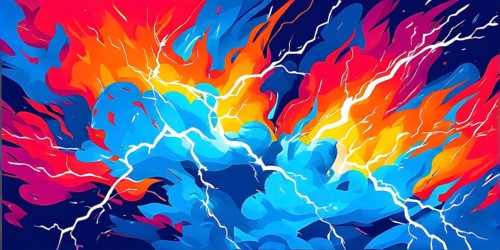 Abstract pop art comic illustration in vibrant colors with thunderbolt crackling across the canvas,