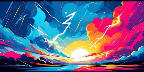 Abstract pop art comic illustration in vibrant colors with thunderbolt crackling across the canvas,