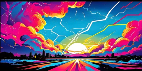 Abstract pop art comic illustration in vibrant colors with thunderbolt crackling across the canvas,