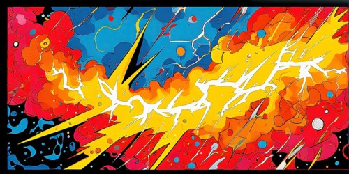 Abstract pop art comic illustration in vibrant colors with thunderbolt crackling across the canvas,