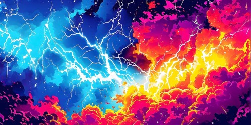 Abstract pop art comic illustration in vibrant colors with thunderbolt crackling across the canvas,