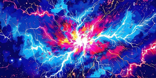 Abstract pop art comic illustration in vibrant colors with thunderbolt crackling across the canvas,
