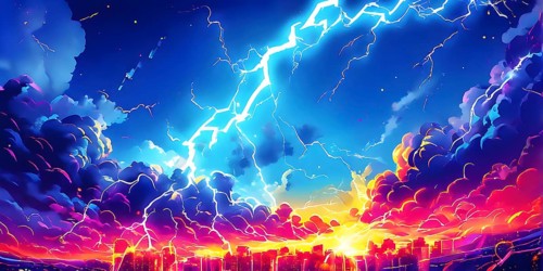 Abstract pop art comic illustration in vibrant colors with thunderbolt crackling across the canvas,