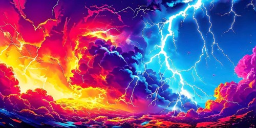 Abstract pop art comic illustration in vibrant colors with thunderbolt crackling across the canvas,