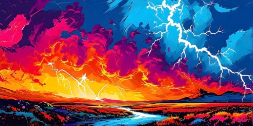 Abstract pop art comic illustration in vibrant colors with thunderbolt crackling across the canvas,