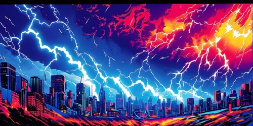 Abstract pop art comic illustration in vibrant colors with thunderbolt crackling across the canvas,