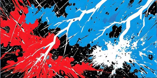 Abstract pop art comic illustration in vibrant colors with thunderbolt crackling across the canvas,
