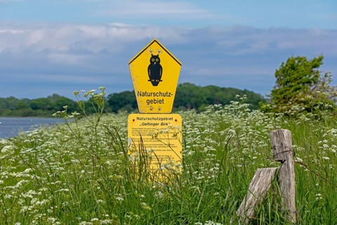 Nature reserve, sign, sea, Geltinger Birk, Geltinger Bucht, Nieby, Schleswig-Holstein, Germany,