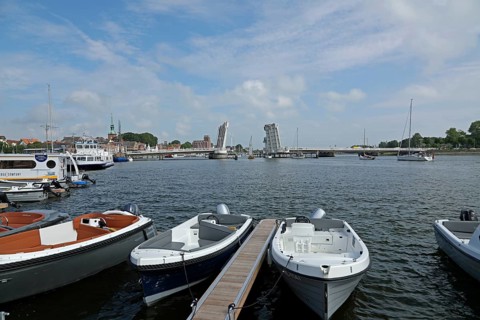 Open bascule bridge, boats, harbour, Kappeln, Schlei, Schleswig-Holstein, Germany, Europe
